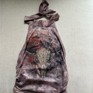 Brown Halter Top with Bull Skull Design